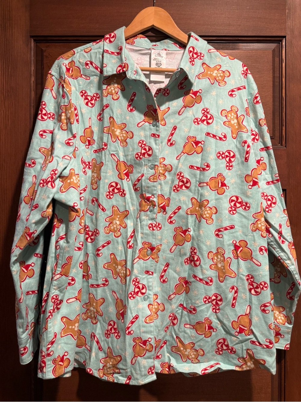 Disney Park Holiday Women's Gingerbread Candy Cane Flannel Button-Up Pajama Top